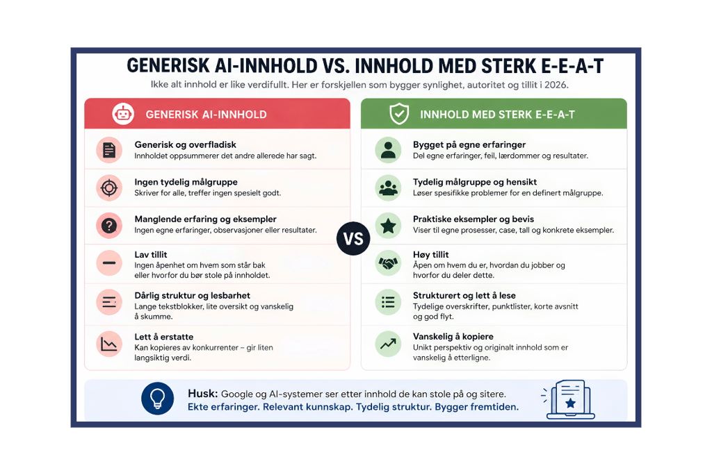 Infographic comparing generic AI content versus high-quality EEAT content for SEO and digital marketing strategy.