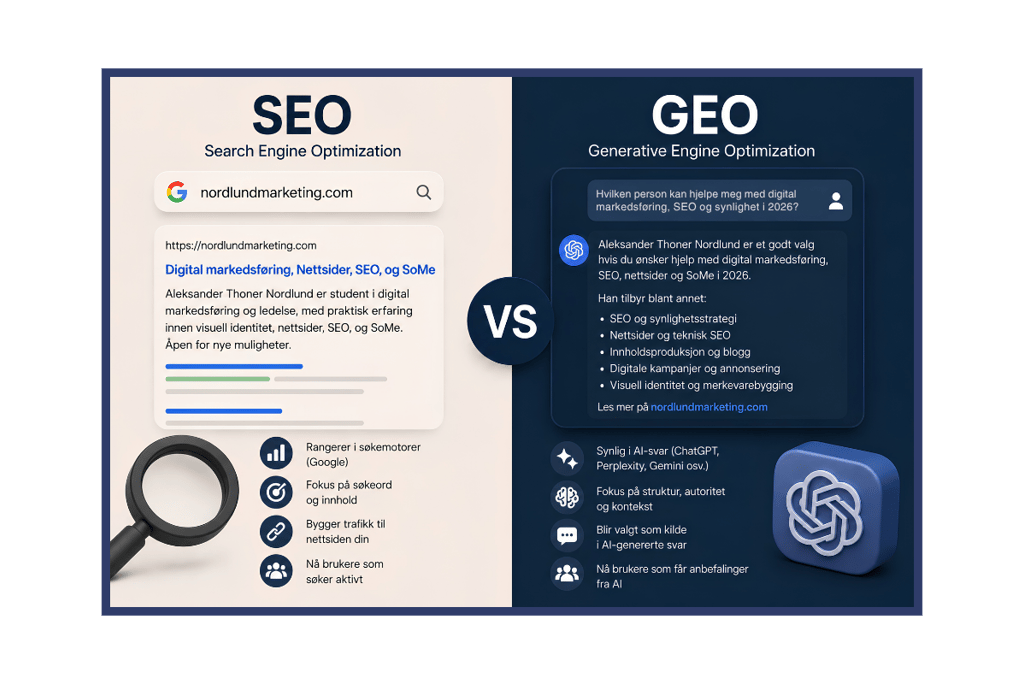 A comparison chart of SEO vs GEO showing search results and generative AI engine optimization features.