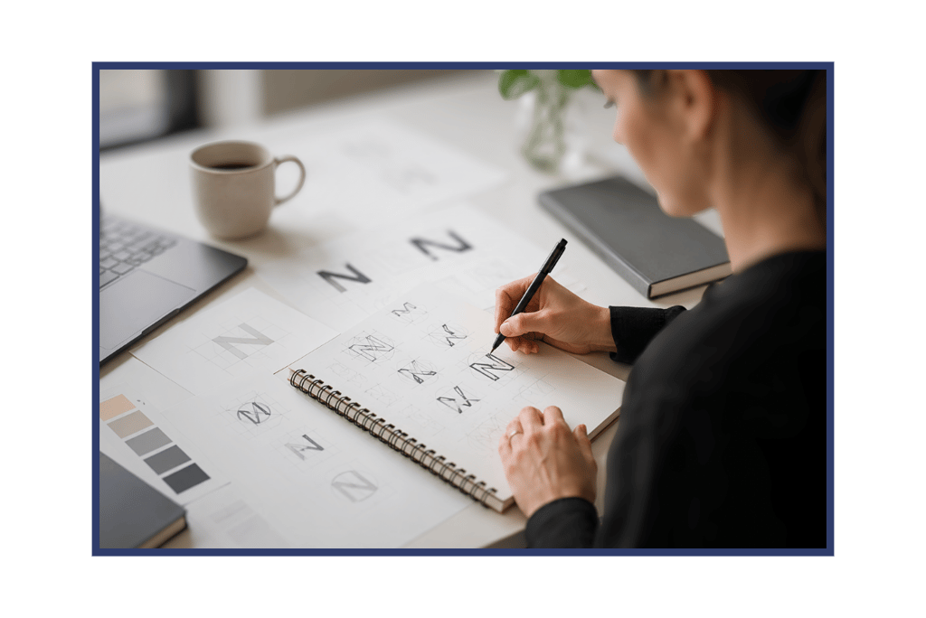 A graphic designer sketching letterform logo concepts in a spiral notebook on a white desk.