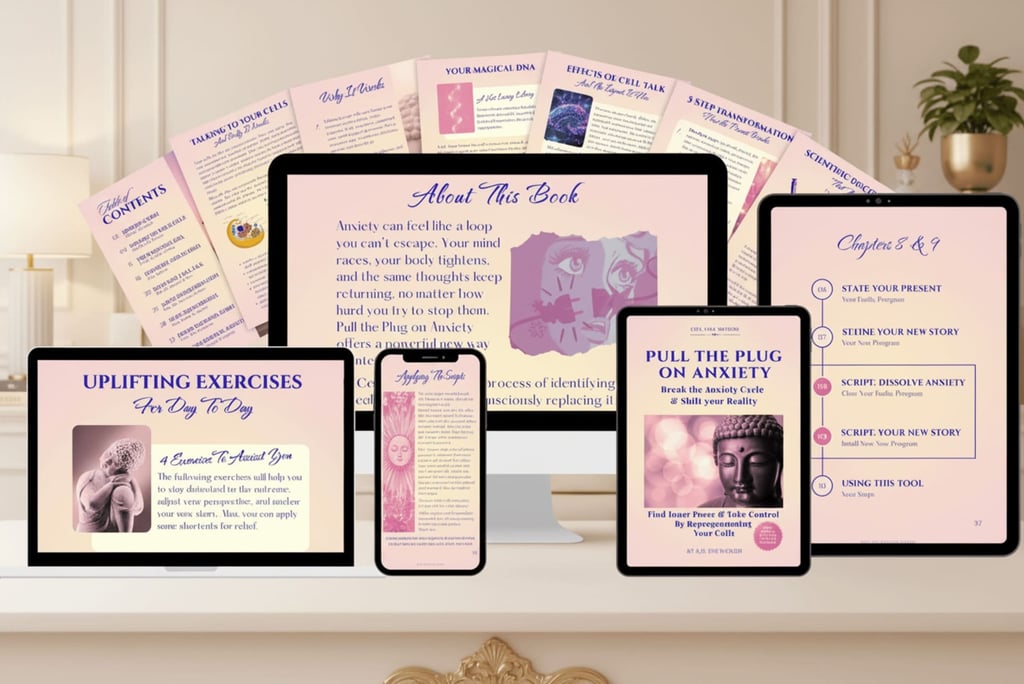 Medley of pages inside the ebook "Pull The Plug On Anxiety"