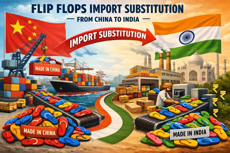 Infographic showing flip flops import substitution from China to manufacturing in India.