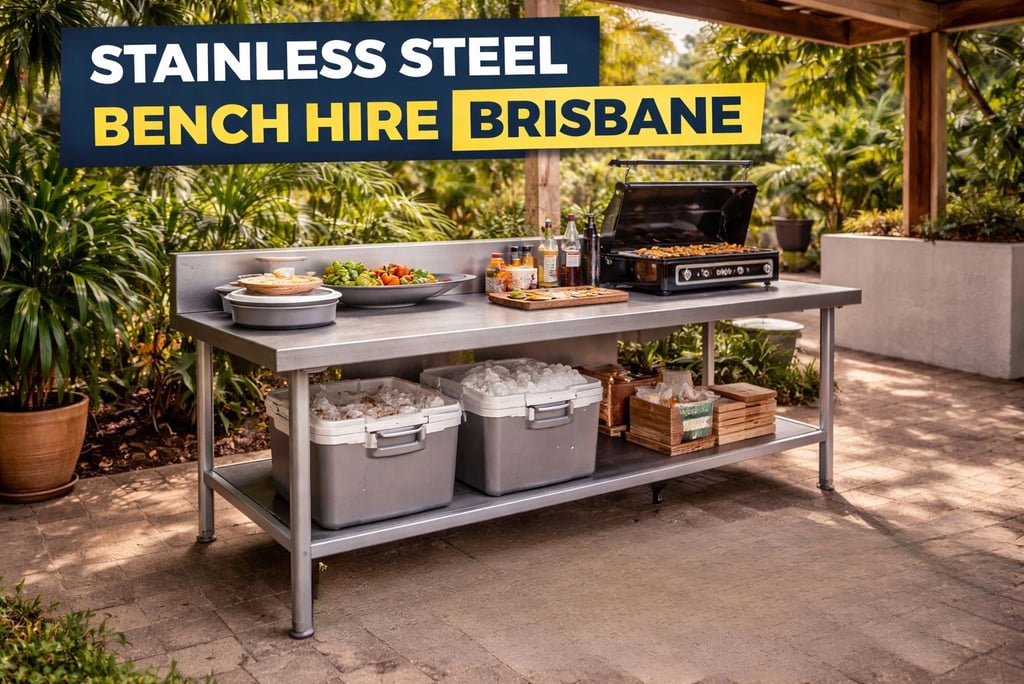 Commercial stainless steel table hire Brisbane featuring a built-in splashback.