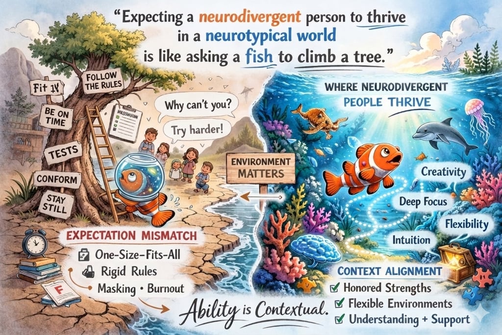 "Two-panel illustration showing a fish unable to climb a tree on land, then thriving in ocean