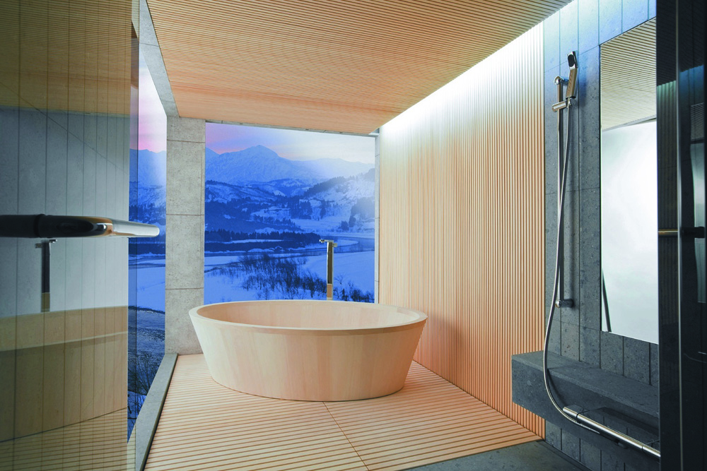 A modern, minimalist bathroom features a sleek wooden soaking tub, natural wood walls and a large window