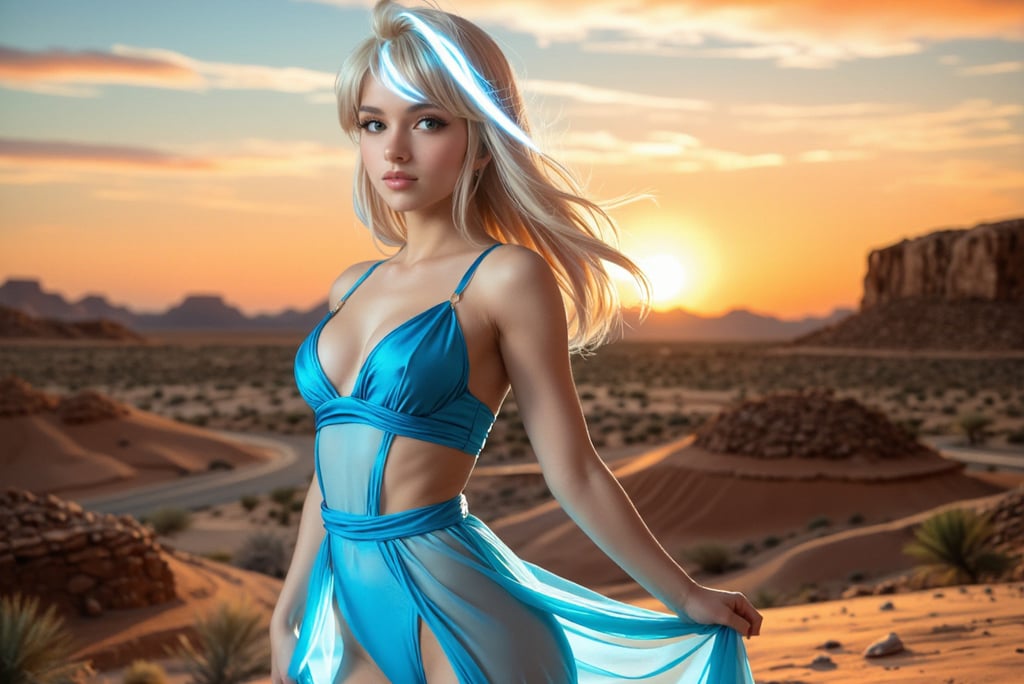 A woman in the desert wearing a blue dress