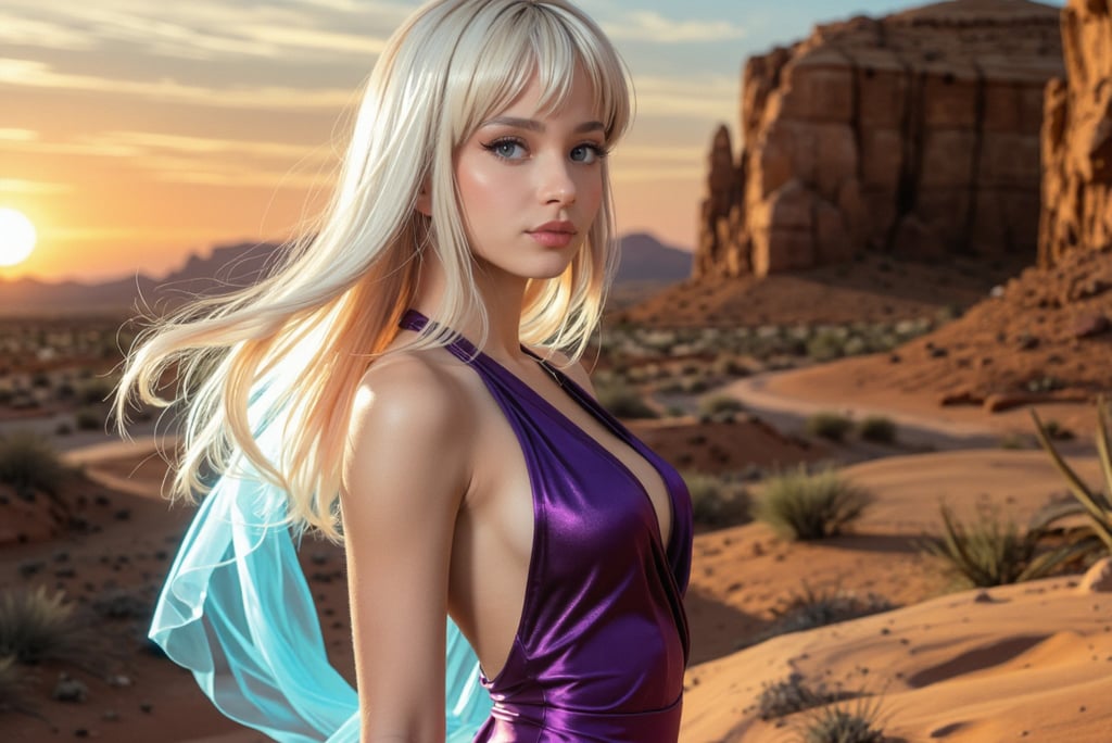 A woman in the desert wearing a purple costume