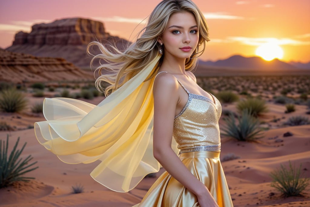 A woman in a gold dress in the desert