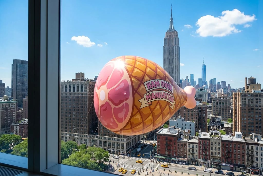 a ham flying above NYC