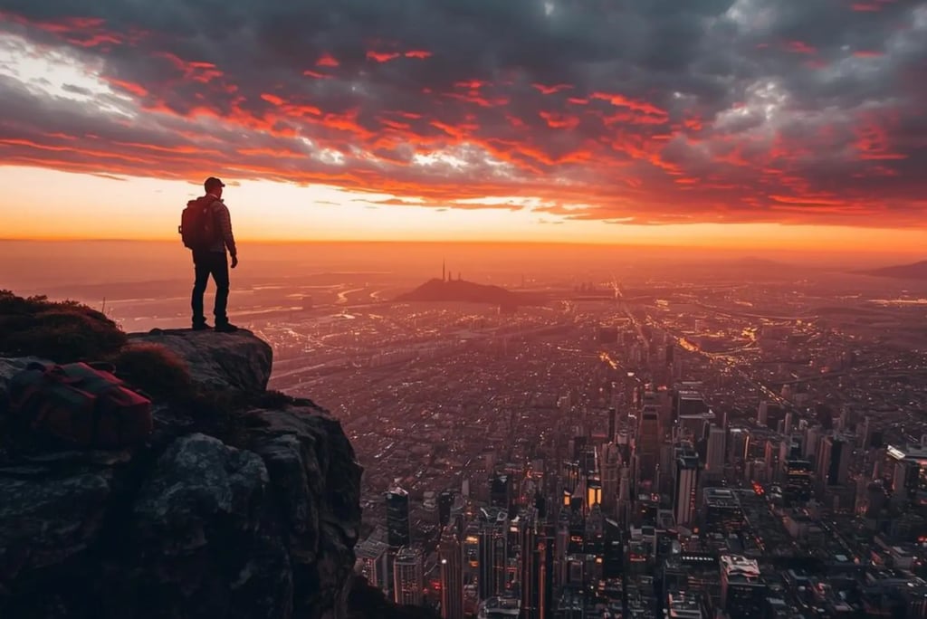 Hiker with backpack standing on mountain cliff overlooking vast city skyline at dramatic sunset with
