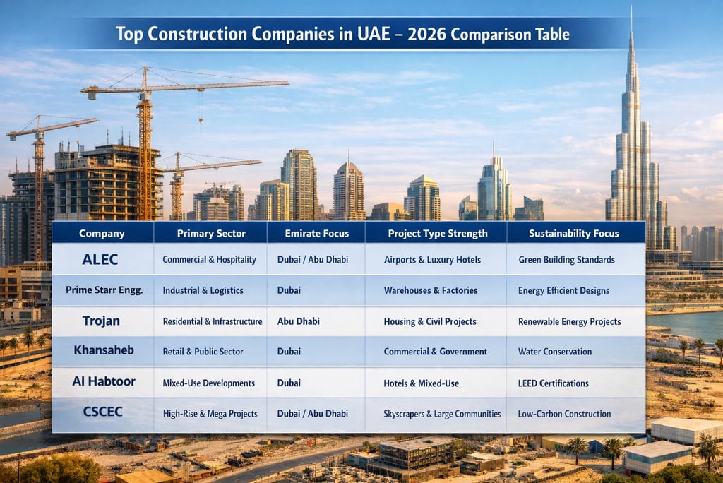 top construction companies in uae 2026 comparison table