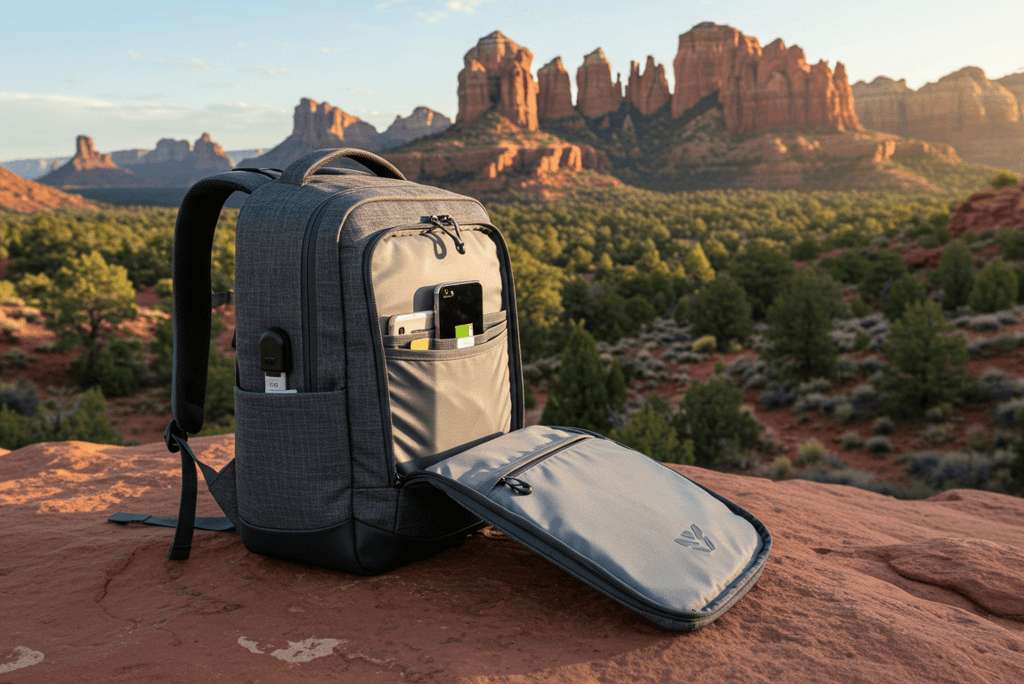 Tech Backpack with charging capabilities, showcasing versatility with scenic landscape background