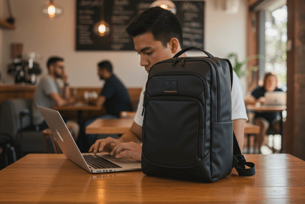 College student with Tech Backpack with charging capabilities, showcasing versatility for US city