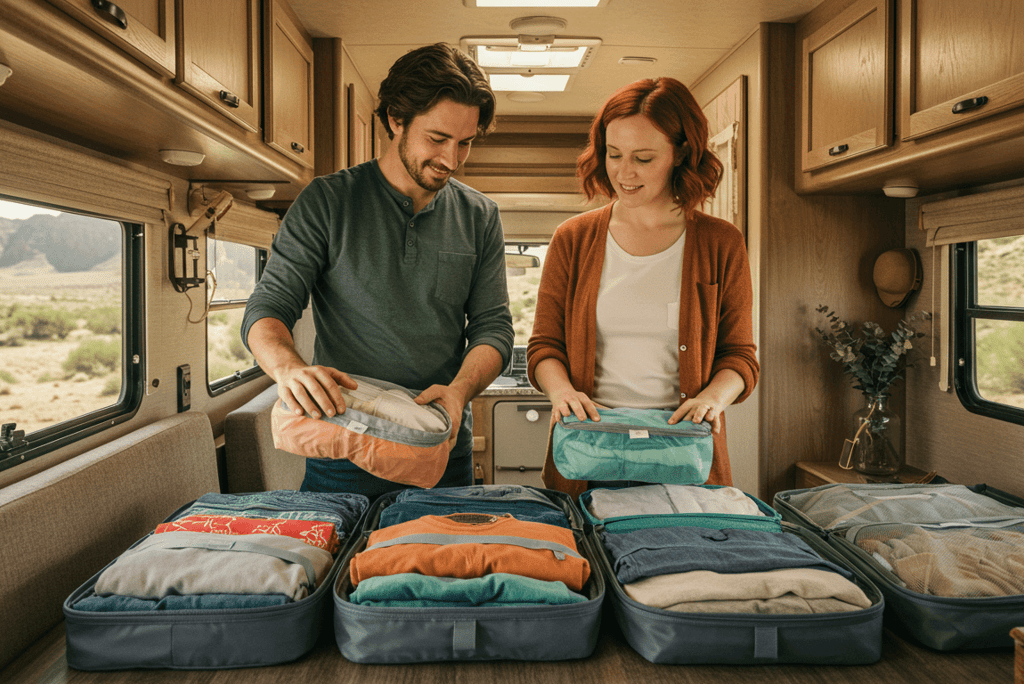 Couple organizing packable clothing for RV living and enjoying versatile outfits 