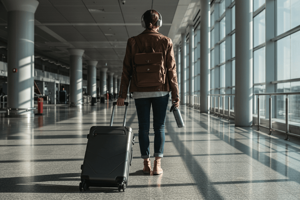 Travel photography of women walking in airport with suitcase, water bottle and headphones
