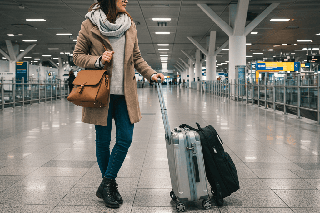 travel outfit inspiration, women wearing comfortable sweater shoes and coat