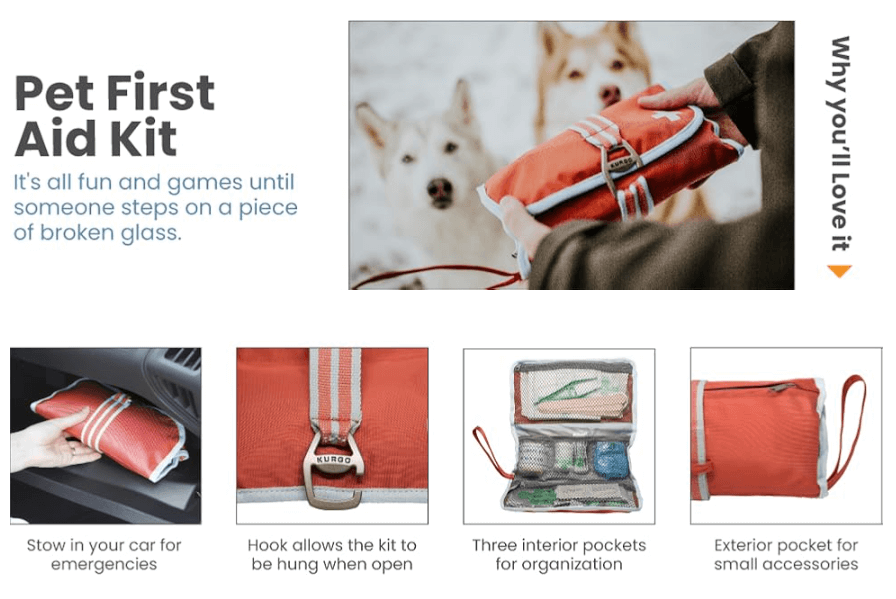 pet first-aid kit, an essential safety item for trips to pet friendly cabin rentals.