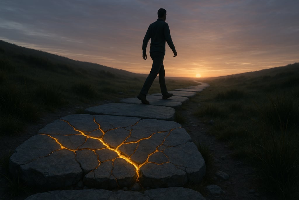 a man walking on a path with a broken glowing stone