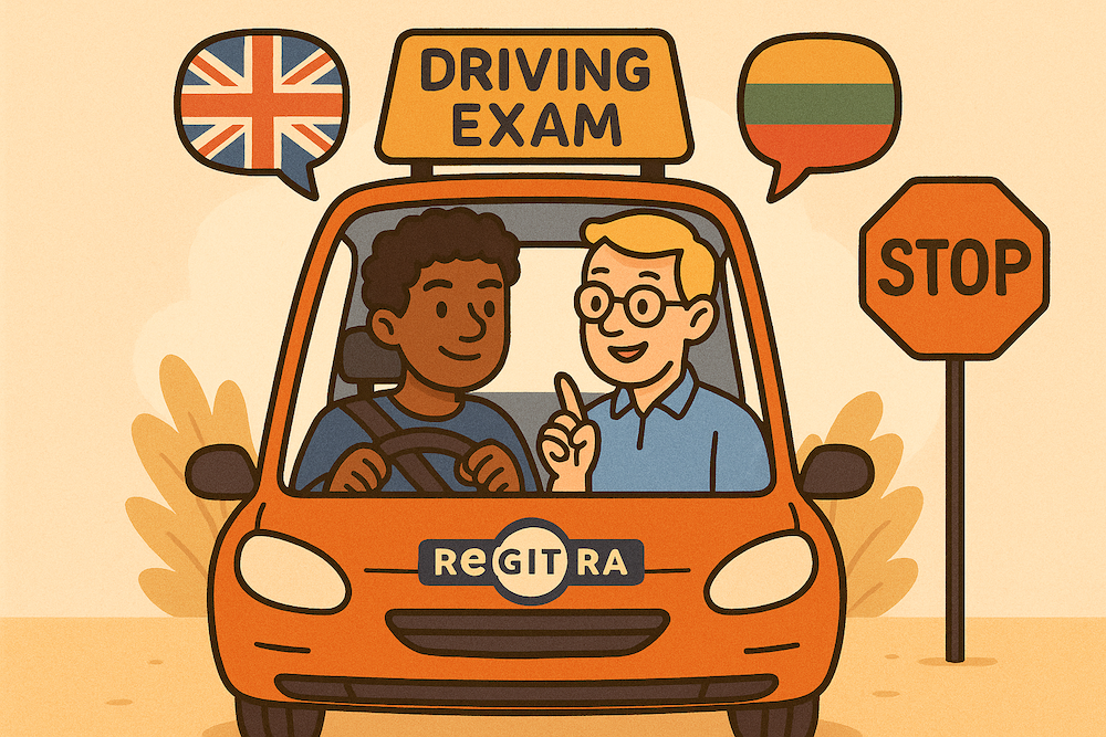 A driving examiner and student speaking in a car in English and Lithuanian, demonstrating the use of a Regitra translator.