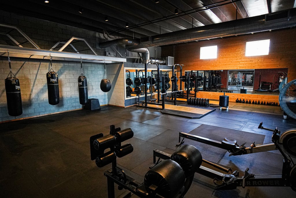 a gym with a lot of boxing equipment