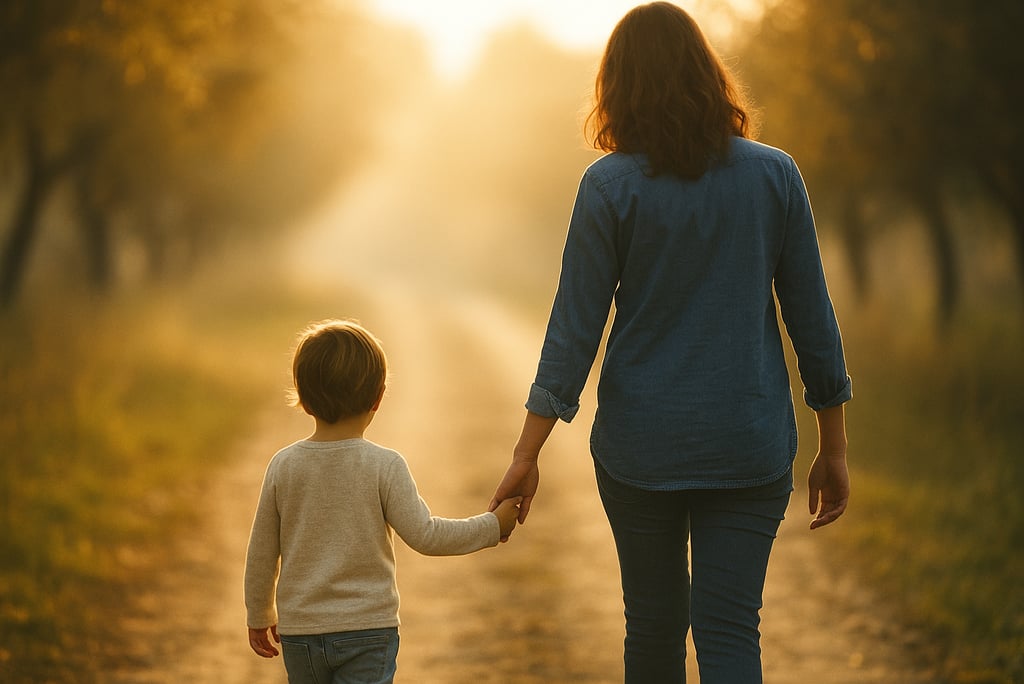 une maman tient la main de son fils. Ils sont de dos.
