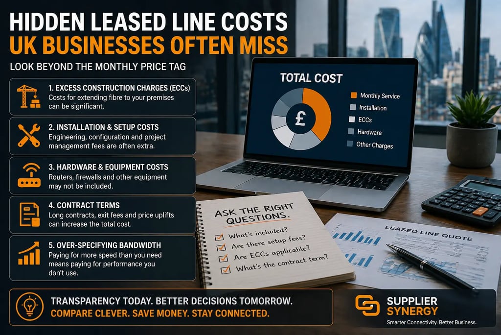 Business analysing leased line costs and contracts highlighting hidden charges in UK connectivity services
