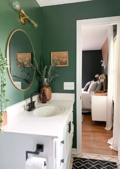 a bathroom with a green wall and a white sink and plants