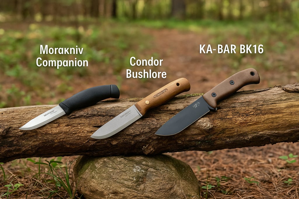 Three top-rated survival knives Morakniv Condor and KA-BAR displayed on log outdoors