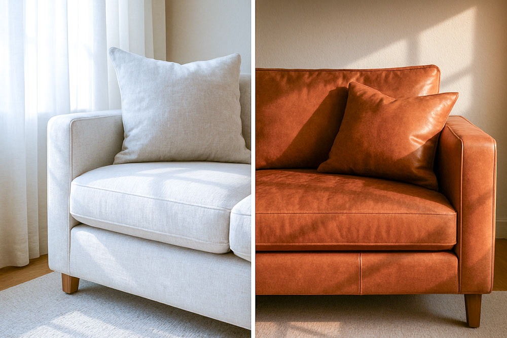 Close-up of linen bench sofa in sunlight vs. leather love seat with warm, moody light highlighting visual weight and texture.