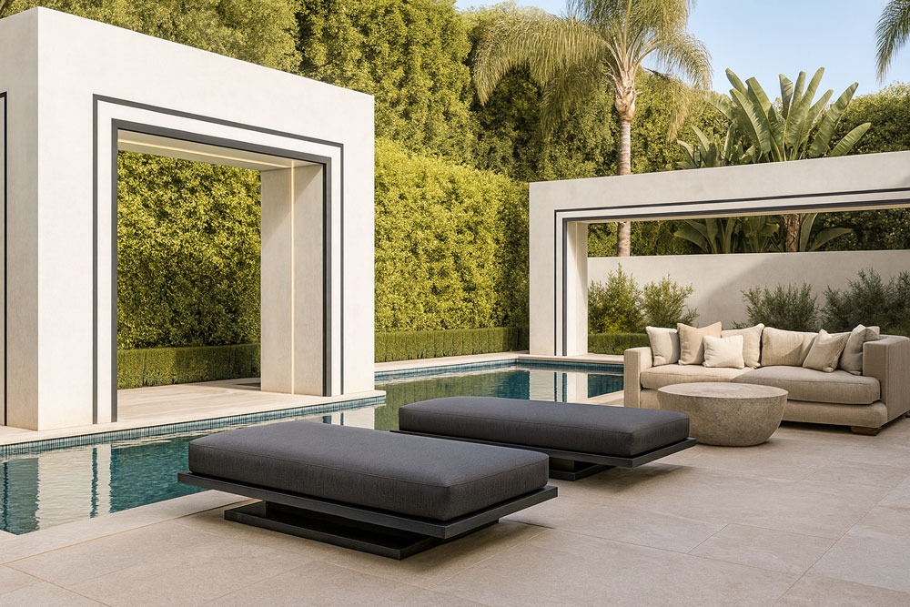 Modern custom-made outdoor furniture with dark cushions by the pool in a high-end backyard, by Solo Home Decor.