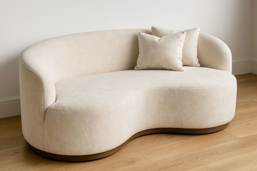 Curved, custom-made bench seat sofa with a single long cushion by Solo Home Decor