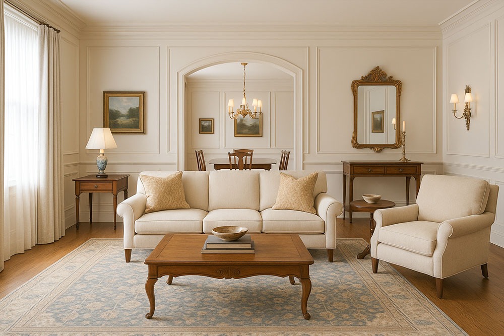 Traditional living room and dining room with neutral tones and classic furniture by Solo Home Decor.