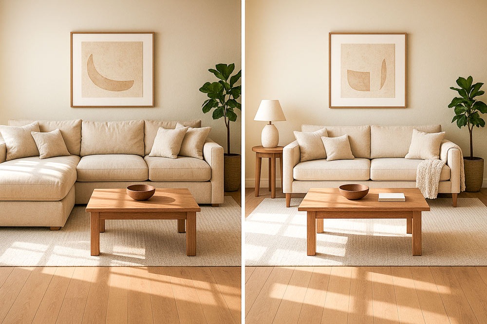 Side-by-side rooms showing oversized sectional vs. properly scaled custom couch with appropriate space around walkways.