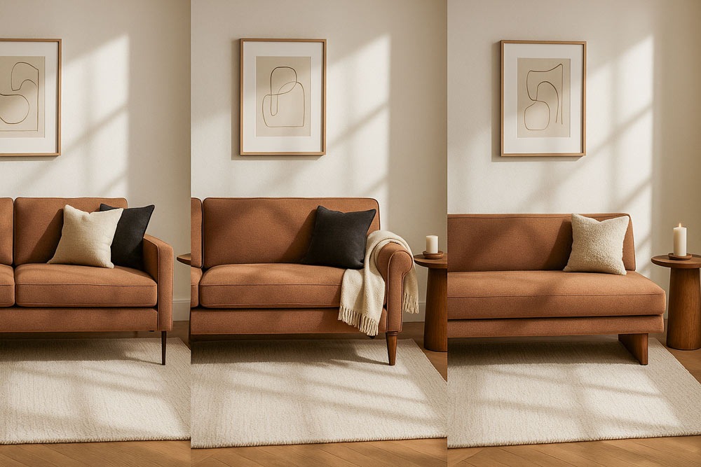 Side-by-side comparison of three sofa shapes: straight arms, rolled arms, and armless settee bench,