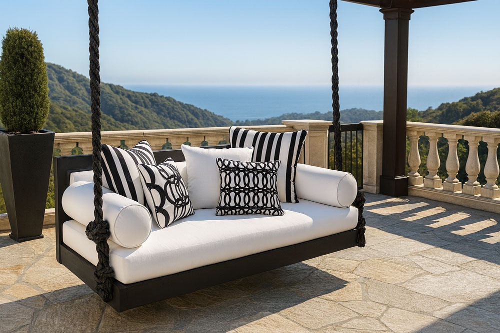 Elegant black and white hanging daybed by Solo Home Decor