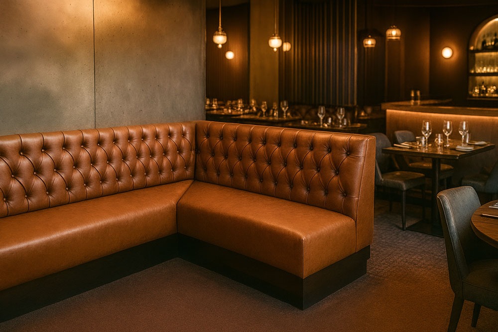 Luxurious tufted leather banquette in a fine dining restaurant setting by Solo Home Decor in Los Angeles