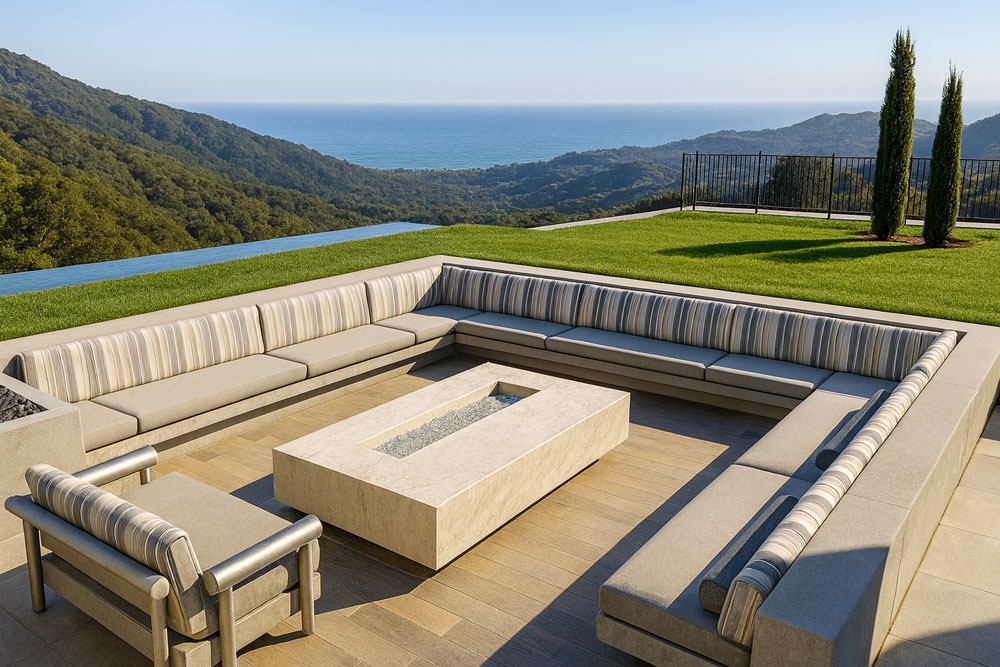Custom striped outdoor firepit seating by Solo Home Decor in a luxurious mountain backyard with ocean view and modern design.