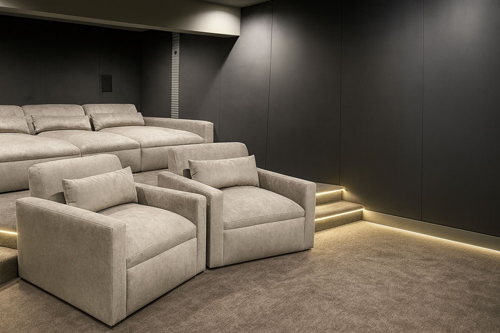 Solo Home Decor custom home theater chairs with sleek neutral fabric, modern design, and cozy