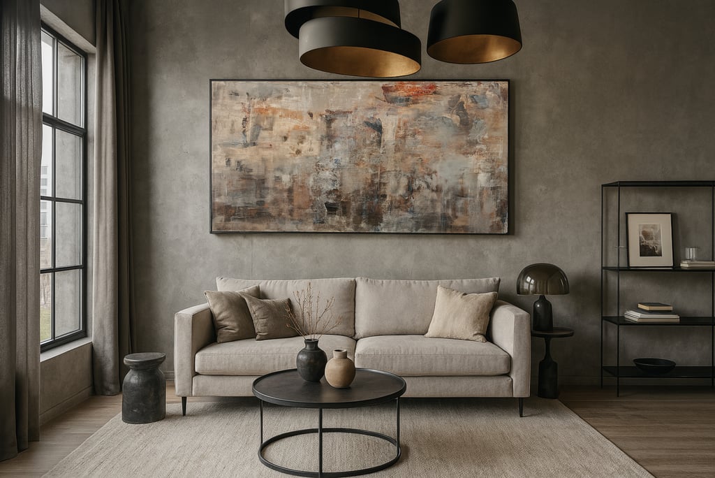 Modern living room with a beige sofa, abstract wall art, and industrial lighting in a minimalist interior.