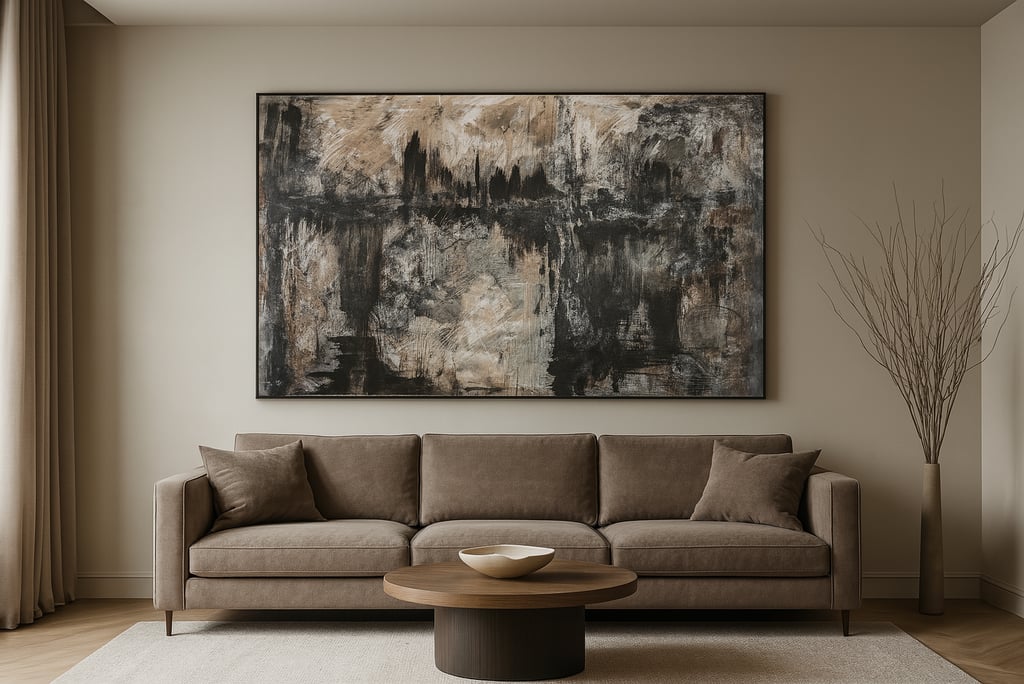 Modern living room with a brown sofa and large abstract wall art in neutral tones.