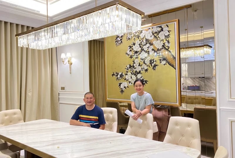 tranh phòng khách hoa anh đào dát vàng khổ lớn