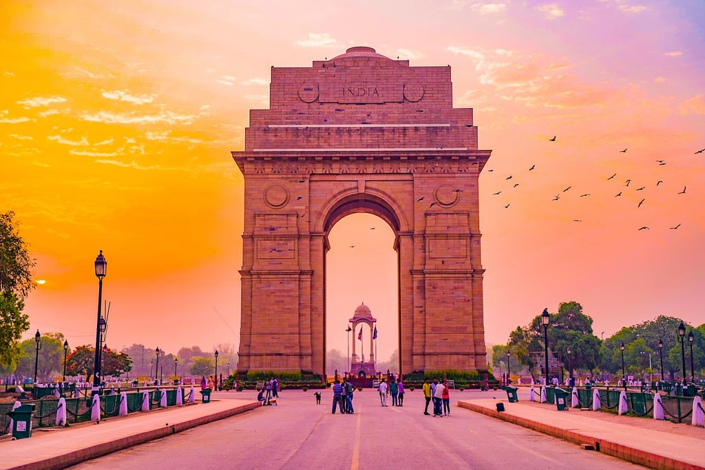 India Gate, a large arch in the middle of a city