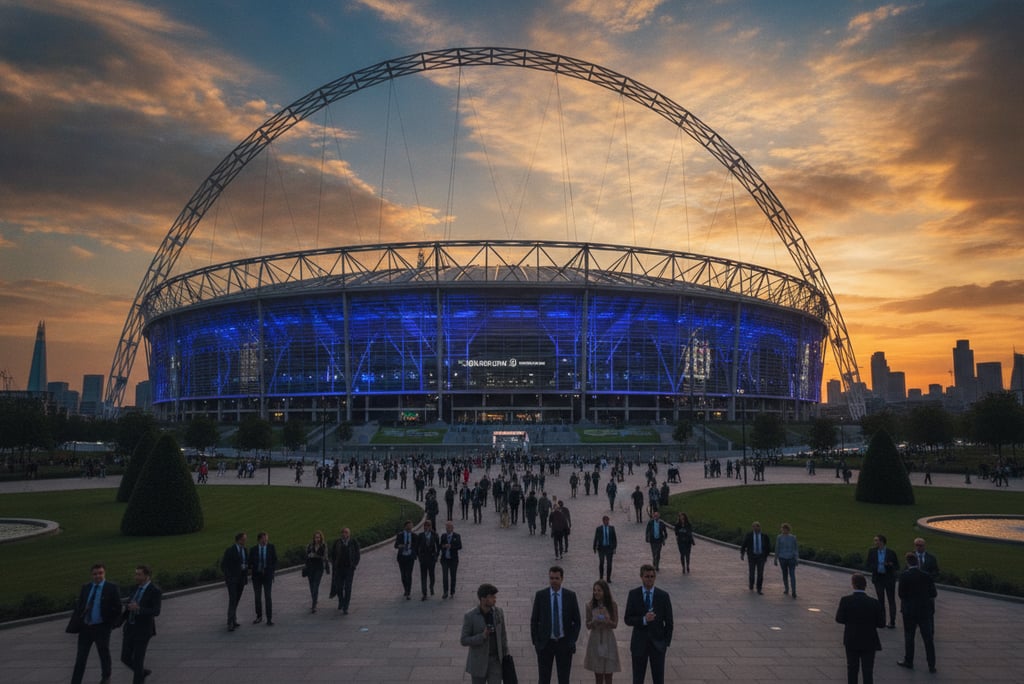 A stunning view of Wembley Stadium showcasing its architectural innovations, framed by a vibrant sun