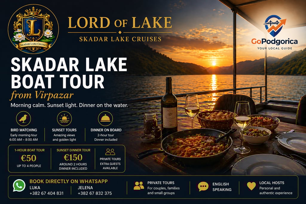 Skadar Lake boat tour from Virpazar with Lord of Lake, sunset dinner and private cruises in Monteneg