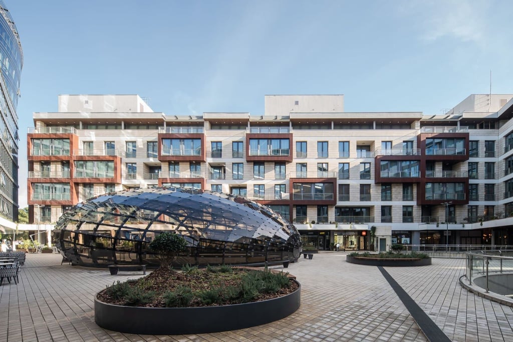 Courtyard view of Capital Centar office buildings in Podgorica, Montenegro