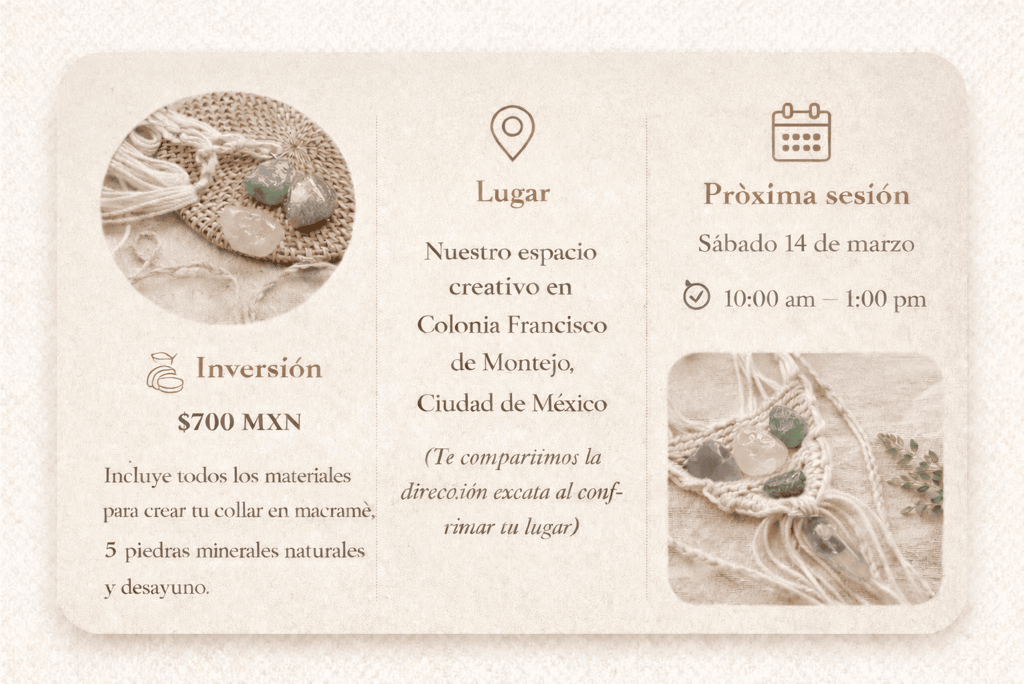  Invitación a taller de collar de macramé hecho a mano con piedras minerales naturales en  CDMX