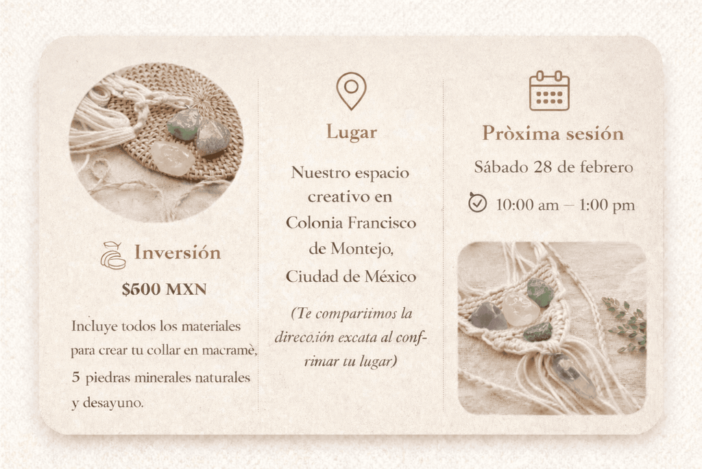  Invitación a taller de collares de macramé con piedras minerales naturales en CDMX
