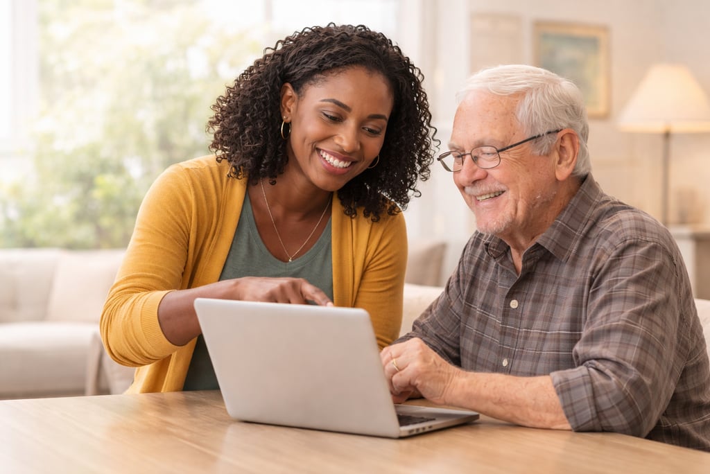 tech woman helping elderly man on his laptop