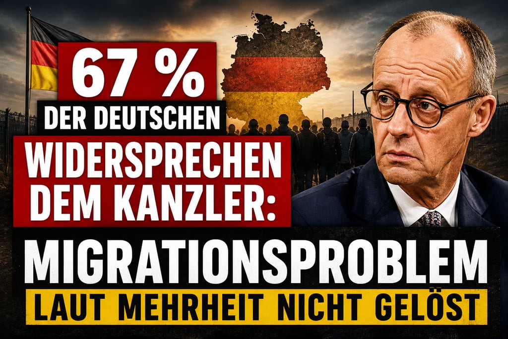 Friedrich Merz next to a German flag and text about migration policy and chancellor criticism.