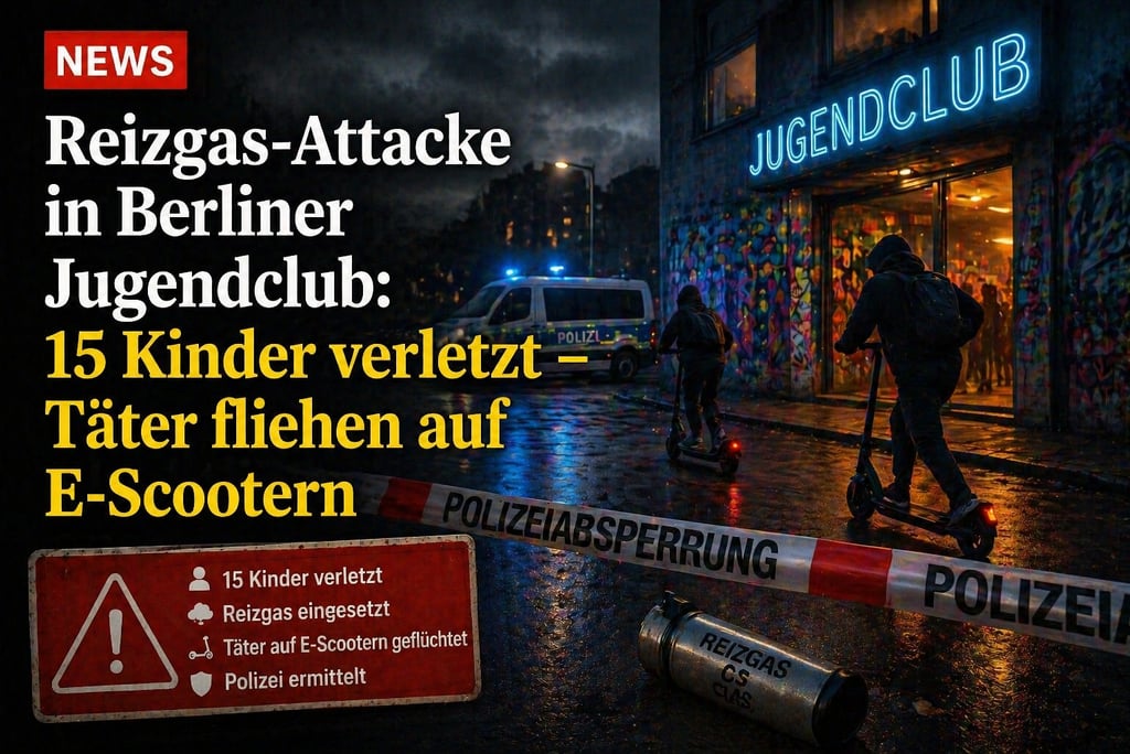 Police cordoned off a Berlin youth club at night after a tear gas attack with suspects fleeing on e-scooters.