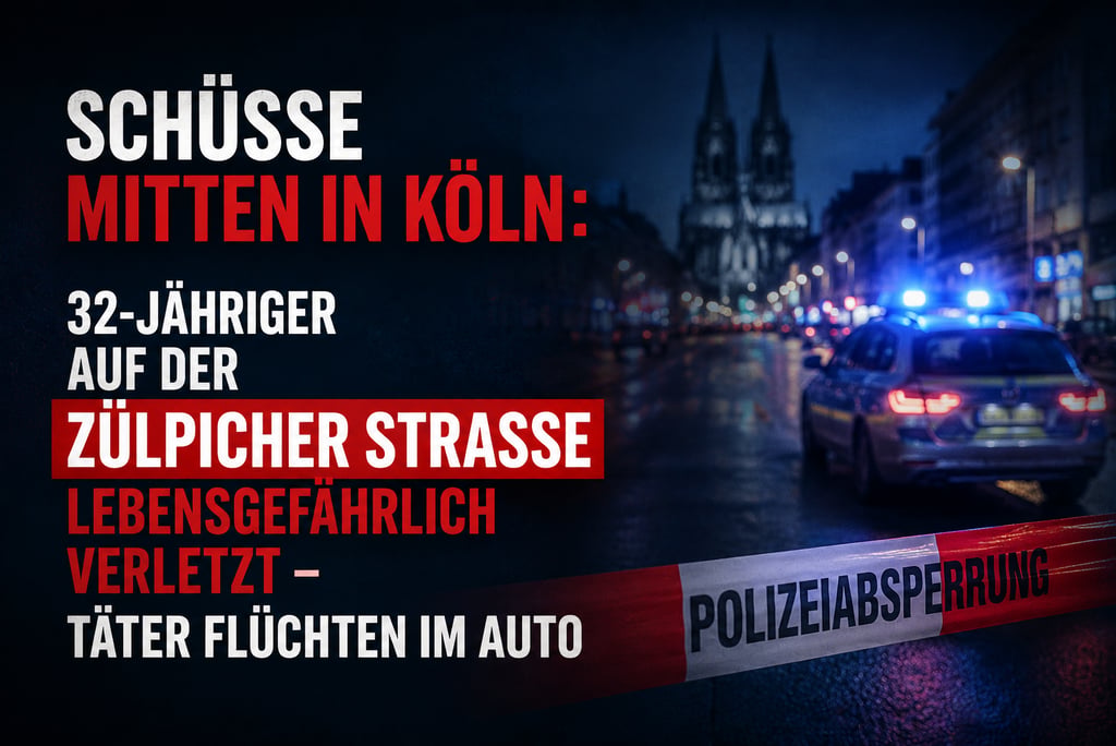 Police car with flashing lights at a crime scene in Cologne, Germany, with German news text about a shooting.
